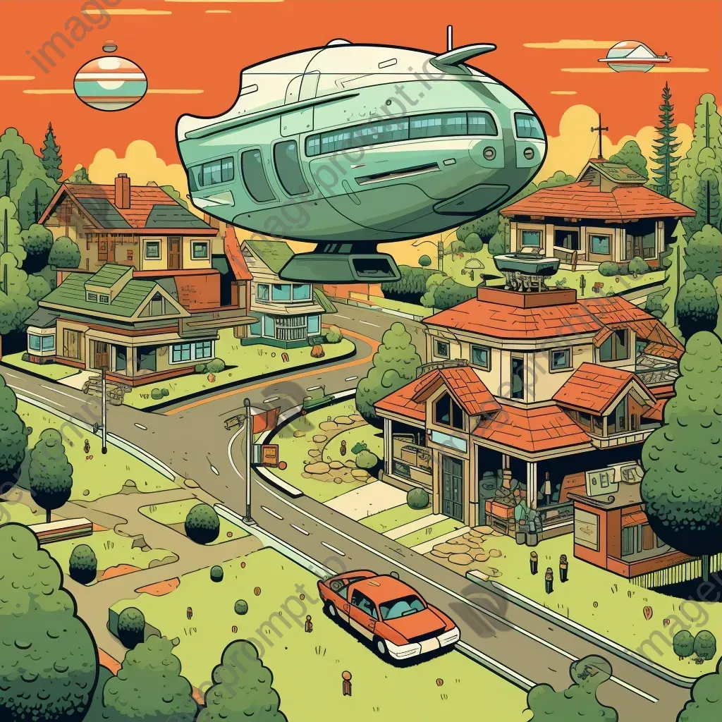 Image of a futuristic 1950s suburban neighborhood with hover cars and robotic mail delivery systems - Image 3