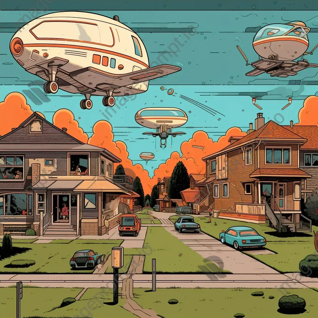 Image of a futuristic 1950s suburban neighborhood with hover cars and robotic mail delivery systems - Image 4