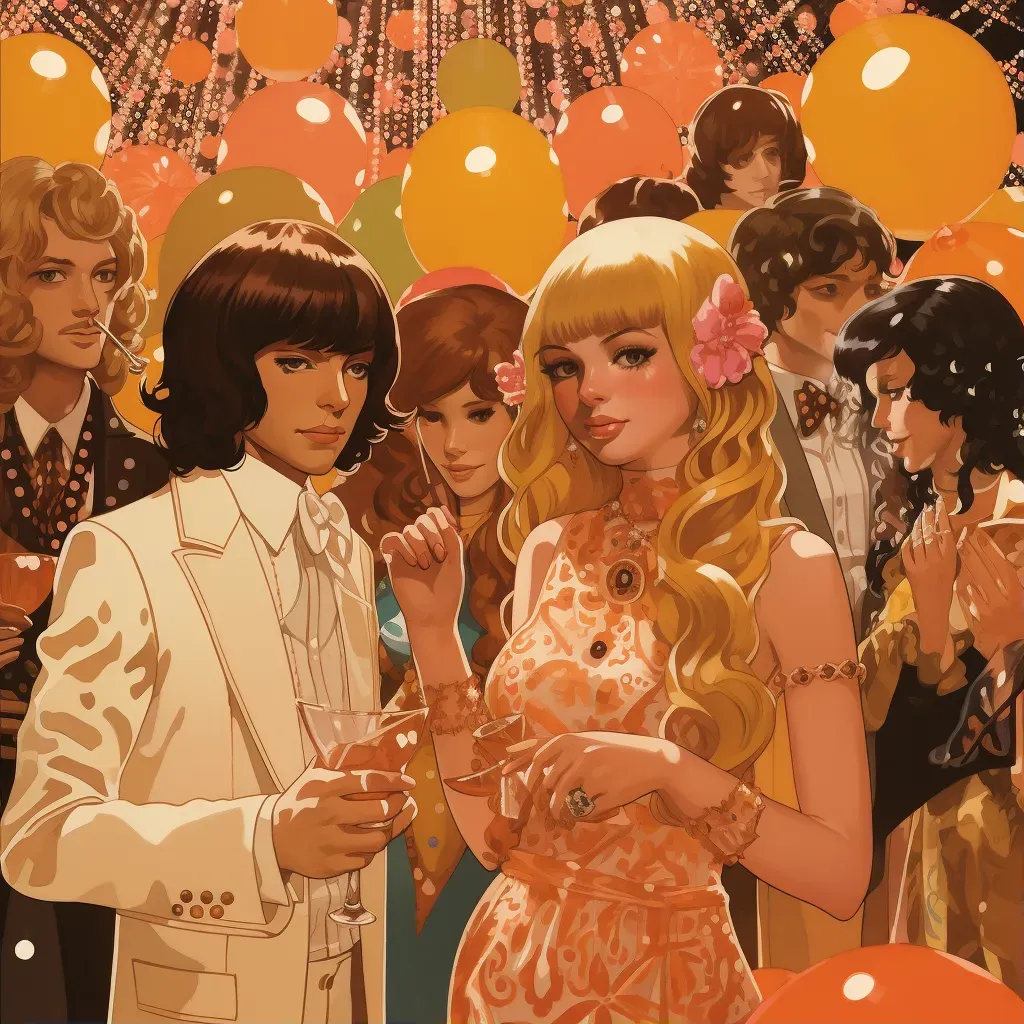 Image of a 1970s high school prom with disco balls and wide lapel suits - Image 1