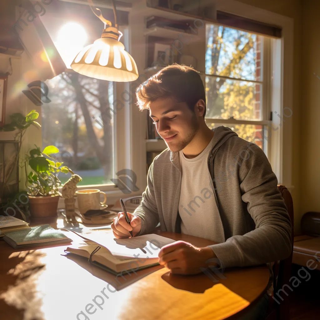 Male student studying with a digital tablet in a sunlit room. - Image 1