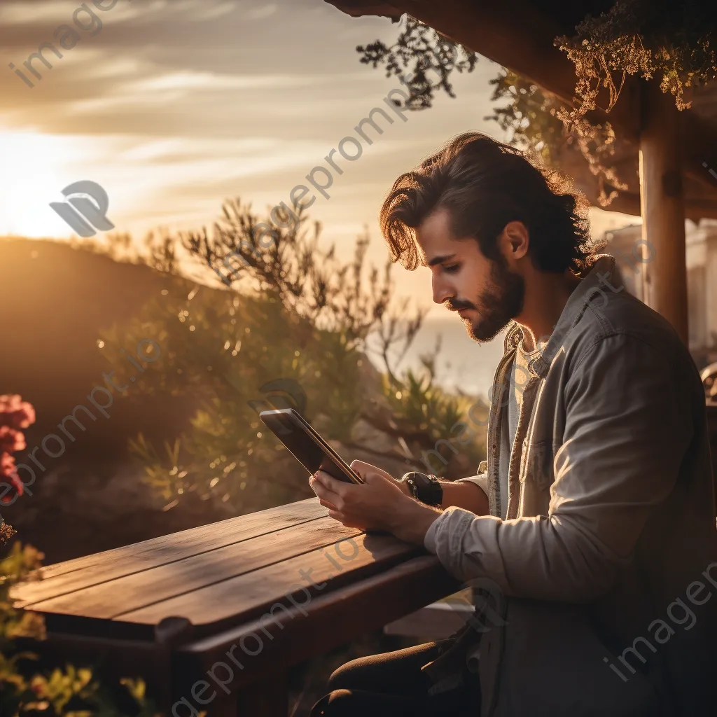 Male student studying with a digital tablet in a sunlit room. - Image 3