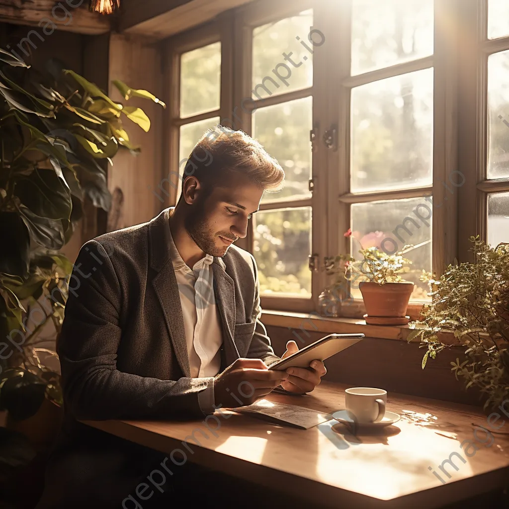 Male student studying with a digital tablet in a sunlit room. - Image 4