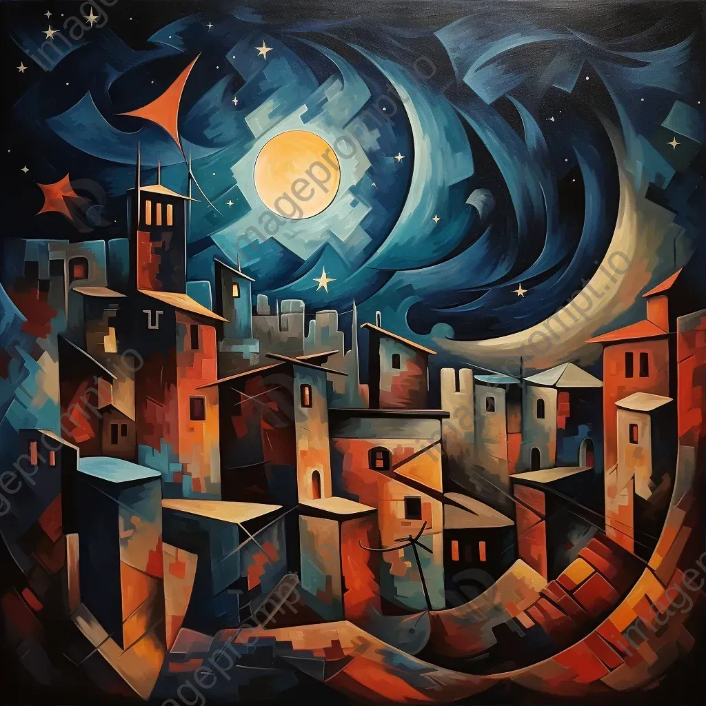 Cubist style tranquil night sky over war-damaged buildings - Image 1