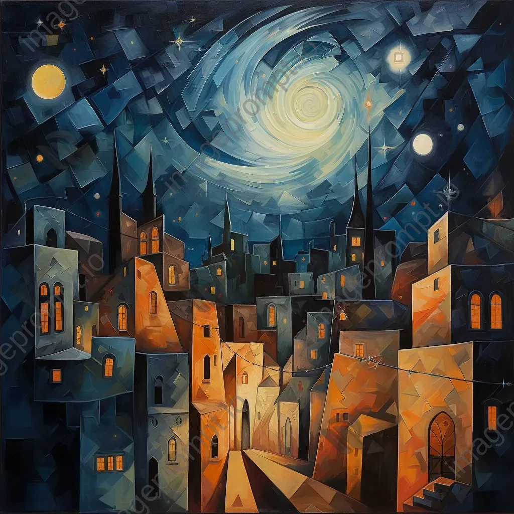 Cubist style tranquil night sky over war-damaged buildings - Image 2