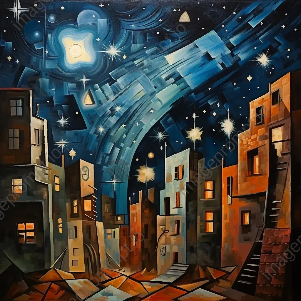 Cubist style tranquil night sky over war-damaged buildings - Image 3