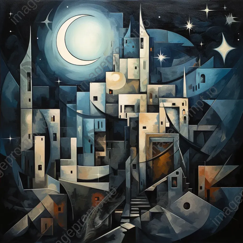 Cubist style tranquil night sky over war-damaged buildings - Image 4