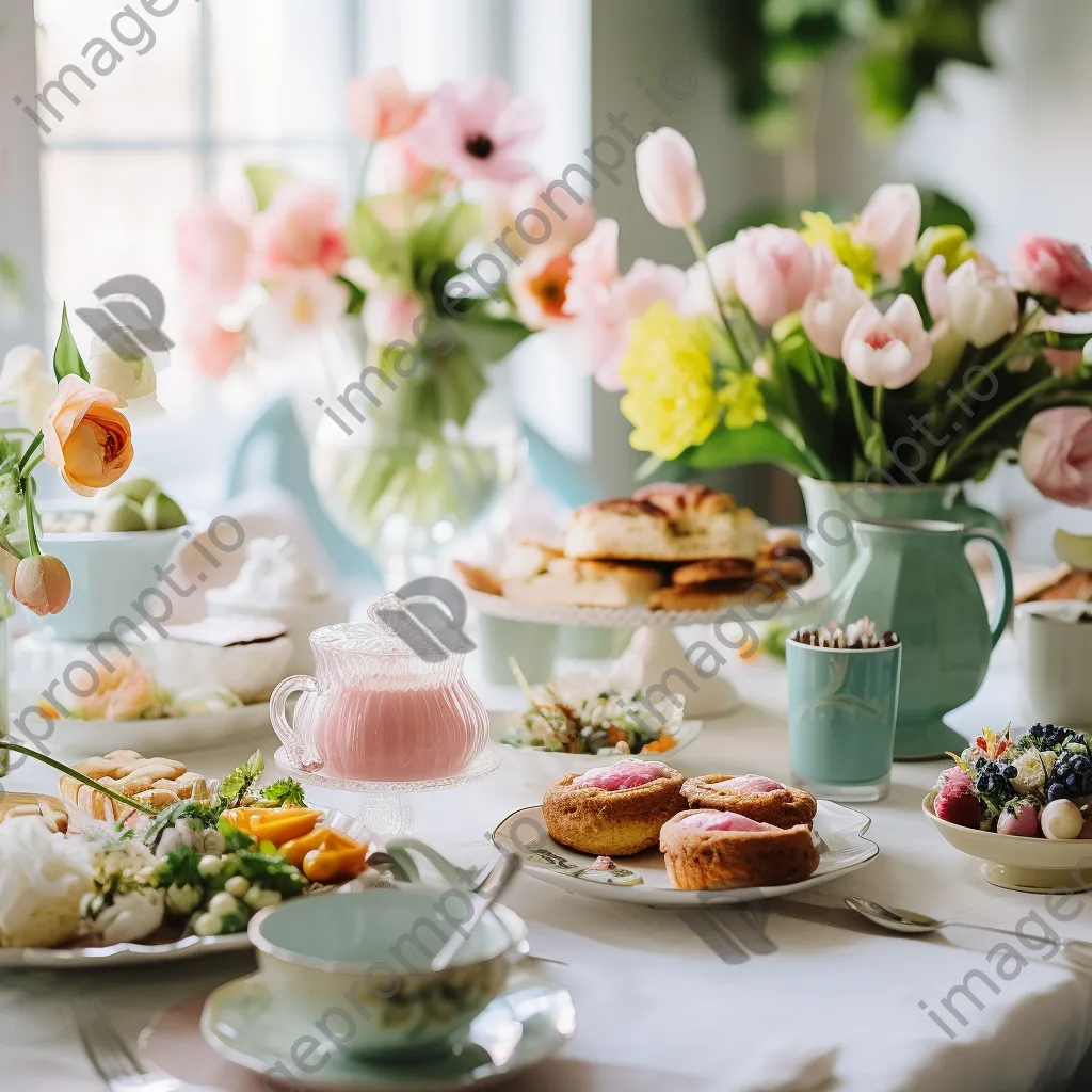 Decorated Easter brunch table with pastel colors and fresh flowers - Image 1