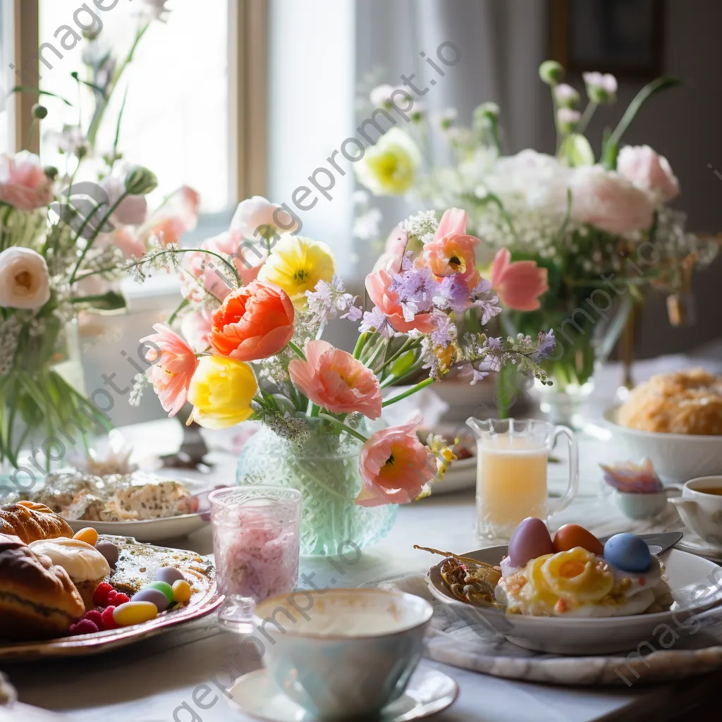 Decorated Easter brunch table with pastel colors and fresh flowers - Image 2