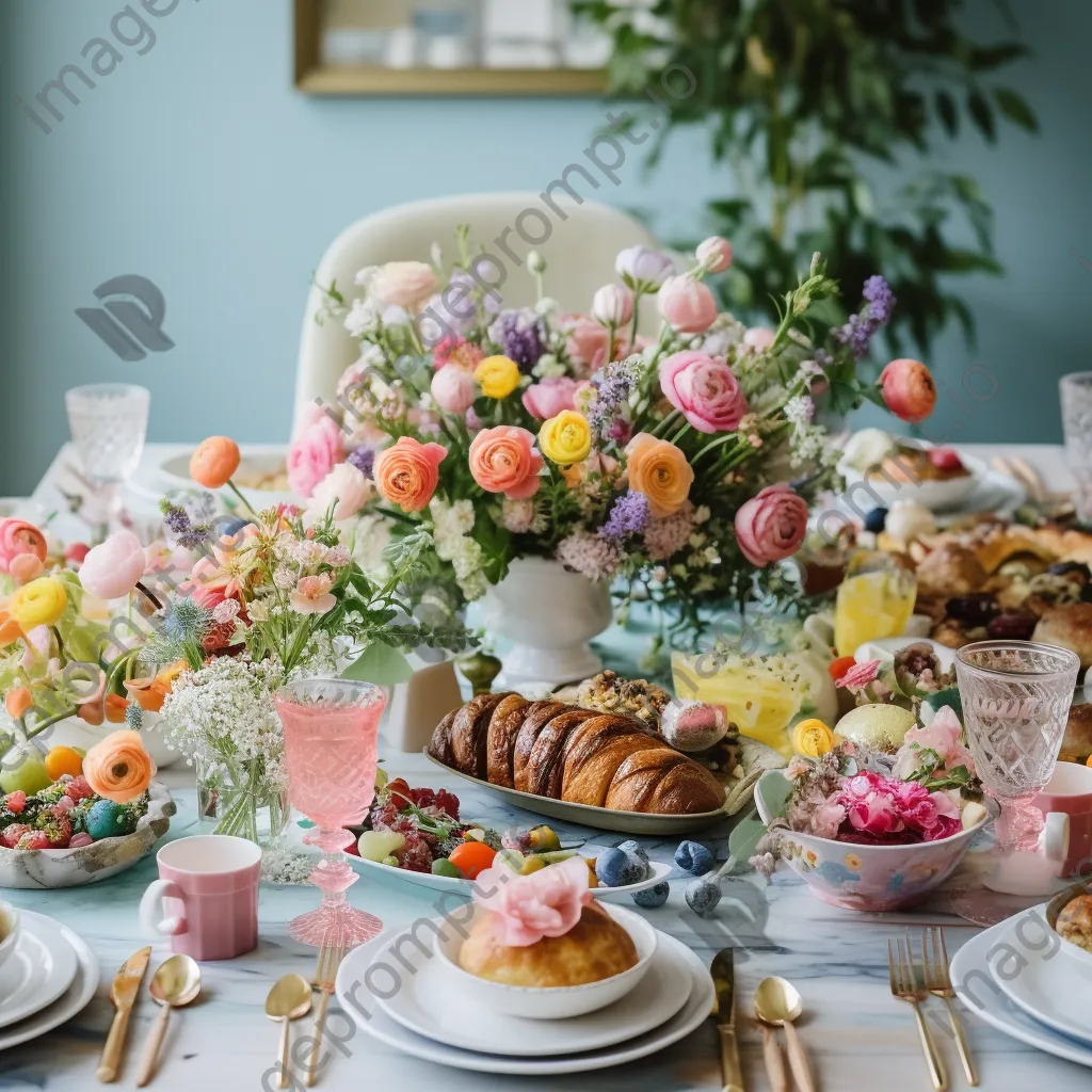 Decorated Easter brunch table with pastel colors and fresh flowers - Image 3