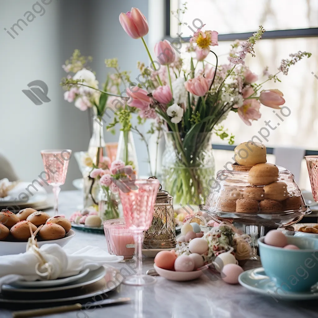 Decorated Easter brunch table with pastel colors and fresh flowers - Image 4