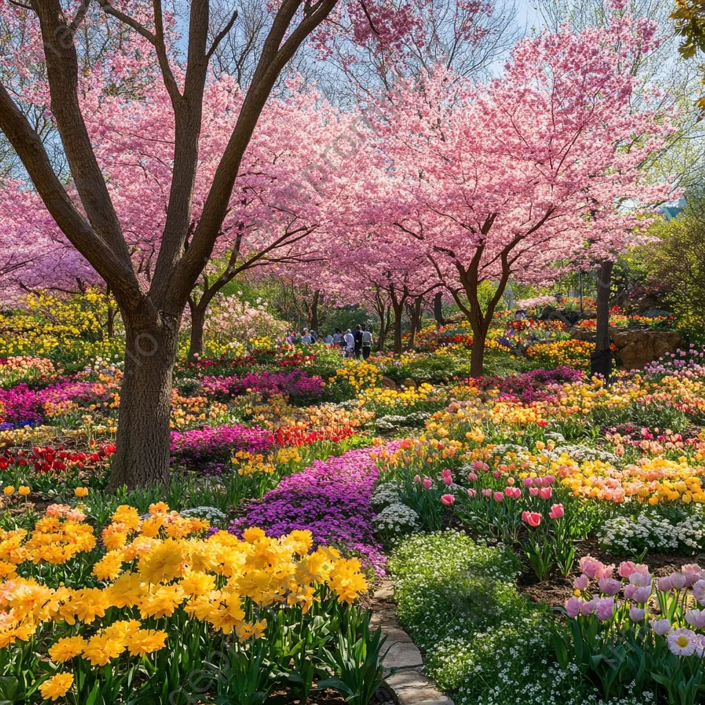 Vibrant garden blooming with cherry blossoms and spring flowers - Image 1