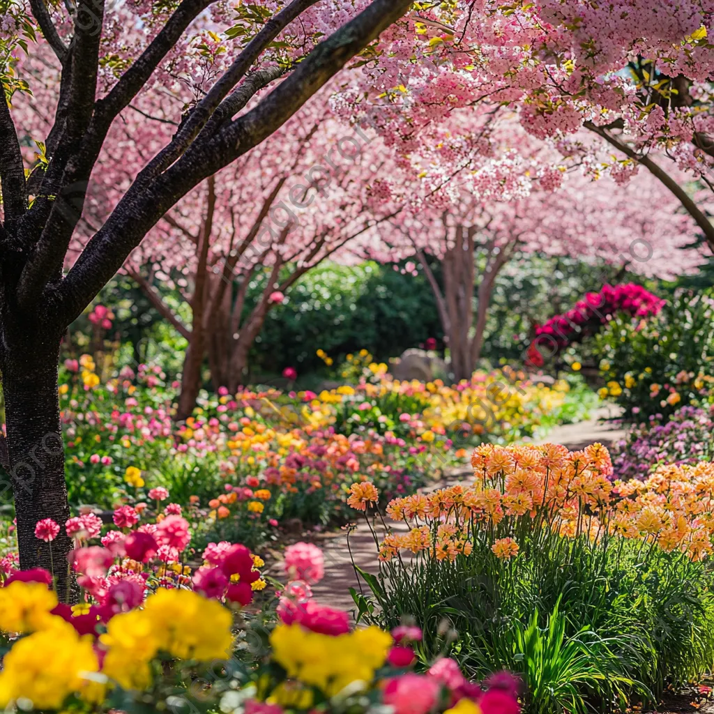 Vibrant garden blooming with cherry blossoms and spring flowers - Image 3