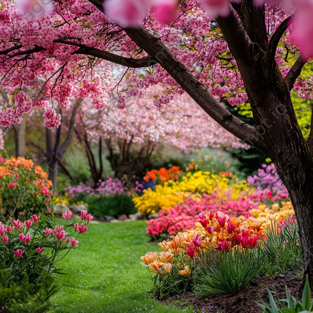 Vibrant garden blooming with cherry blossoms and spring flowers - Image 4