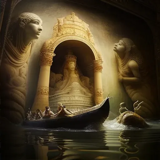 Egyptian underworld scene with golden barge sailing past statues - Image 2