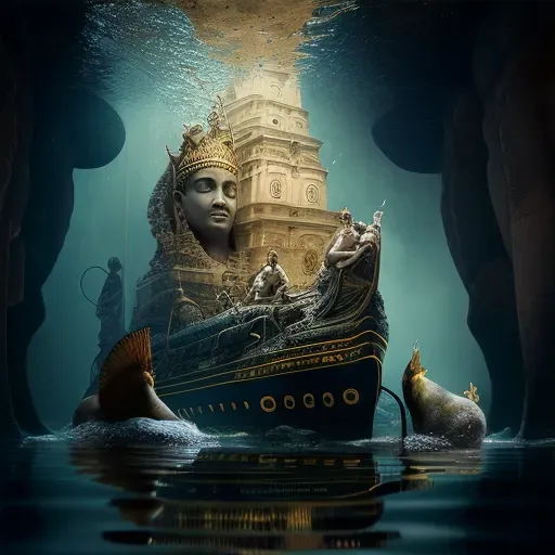 Egyptian underworld scene with golden barge sailing past statues - Image 3