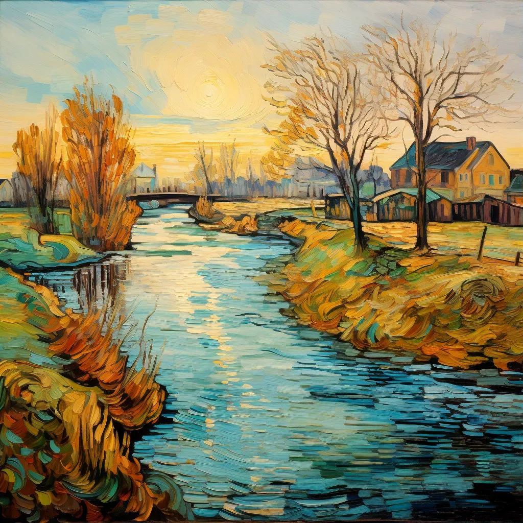 Artistic depiction of riverside village transitioning from autumn to winter - Image 1