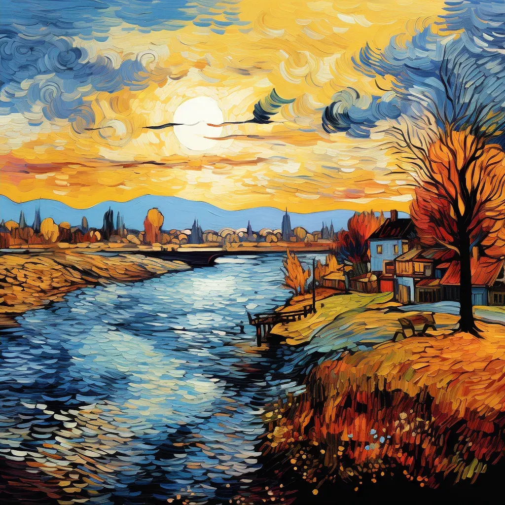 Artistic depiction of riverside village transitioning from autumn to winter - Image 2