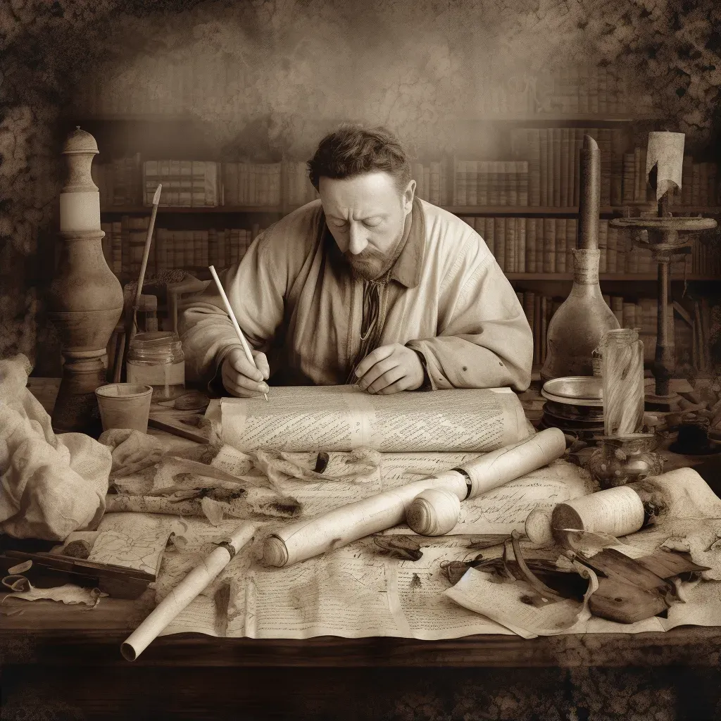 Scholar writing with a quill pen surrounded by old books symbolizing academic pursuit - Image 2