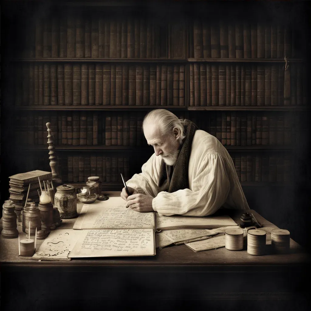 Scholar writing with a quill pen surrounded by old books symbolizing academic pursuit - Image 4