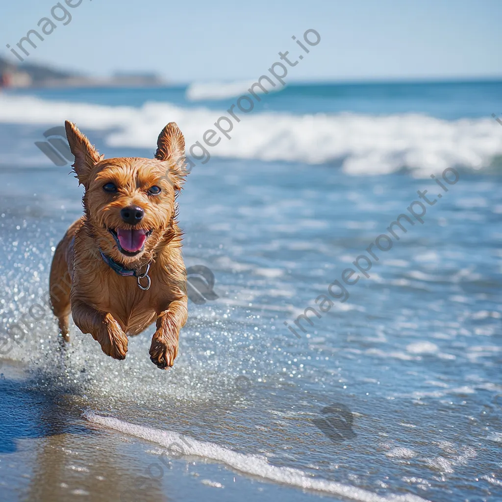 A playful dog running along the shoreline with its owner and bright ocean waves in the background. - Image 1