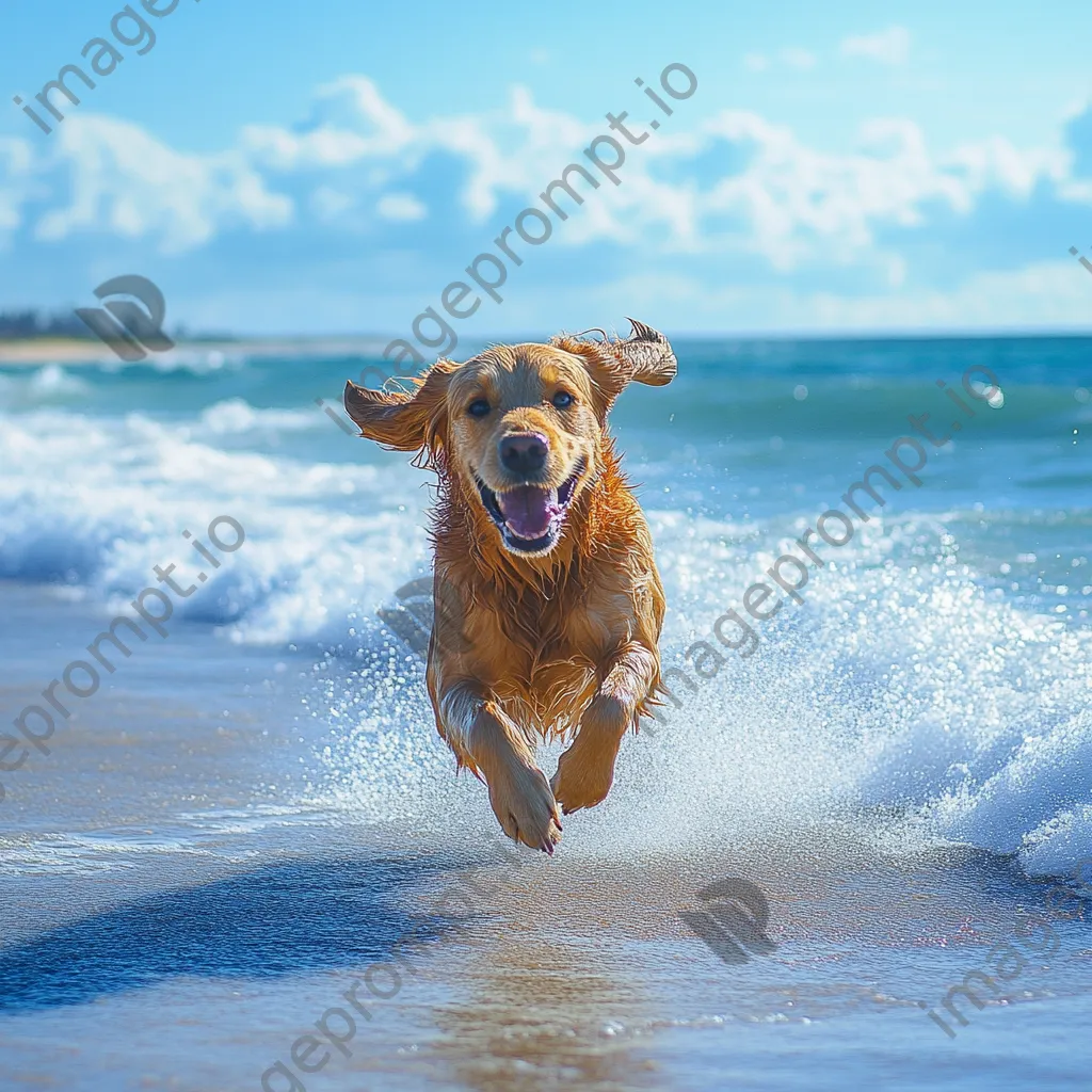 A playful dog running along the shoreline with its owner and bright ocean waves in the background. - Image 2