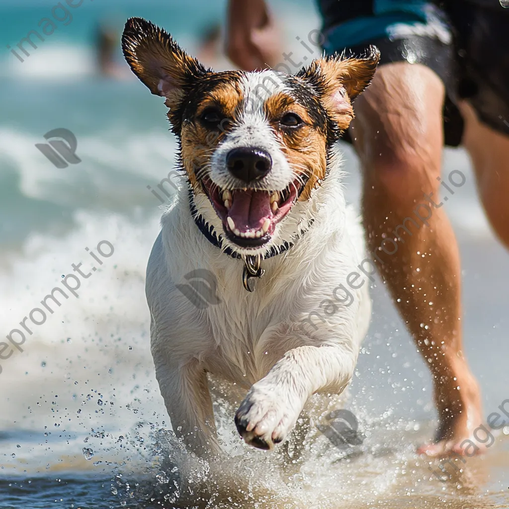 A playful dog running along the shoreline with its owner and bright ocean waves in the background. - Image 3