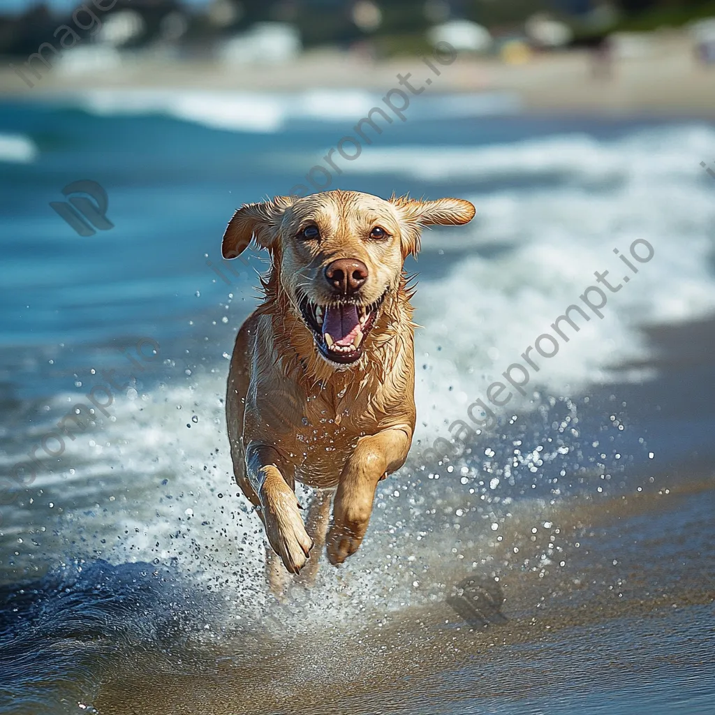 A playful dog running along the shoreline with its owner and bright ocean waves in the background. - Image 4