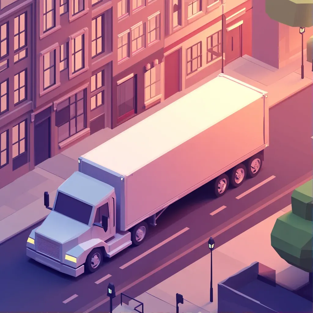 Low poly isometric view of a delivery truck in a sundown city - Image 1