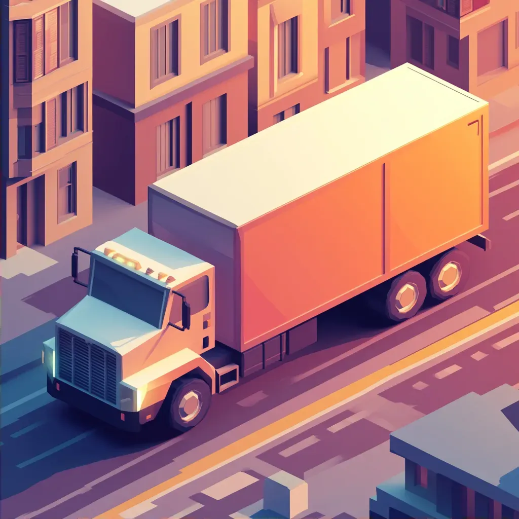 Low poly isometric view of a delivery truck in a sundown city - Image 2