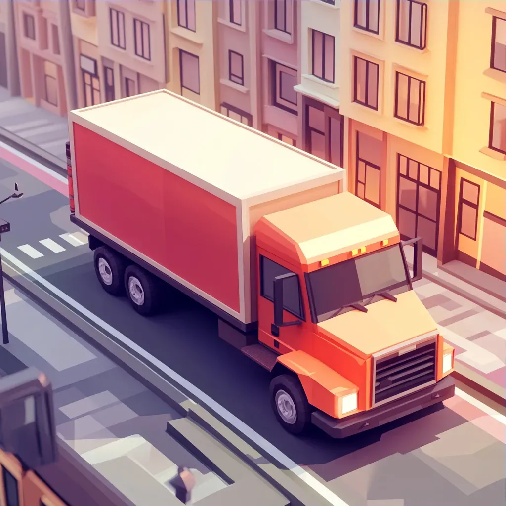 Low poly isometric view of a delivery truck in a sundown city - Image 3