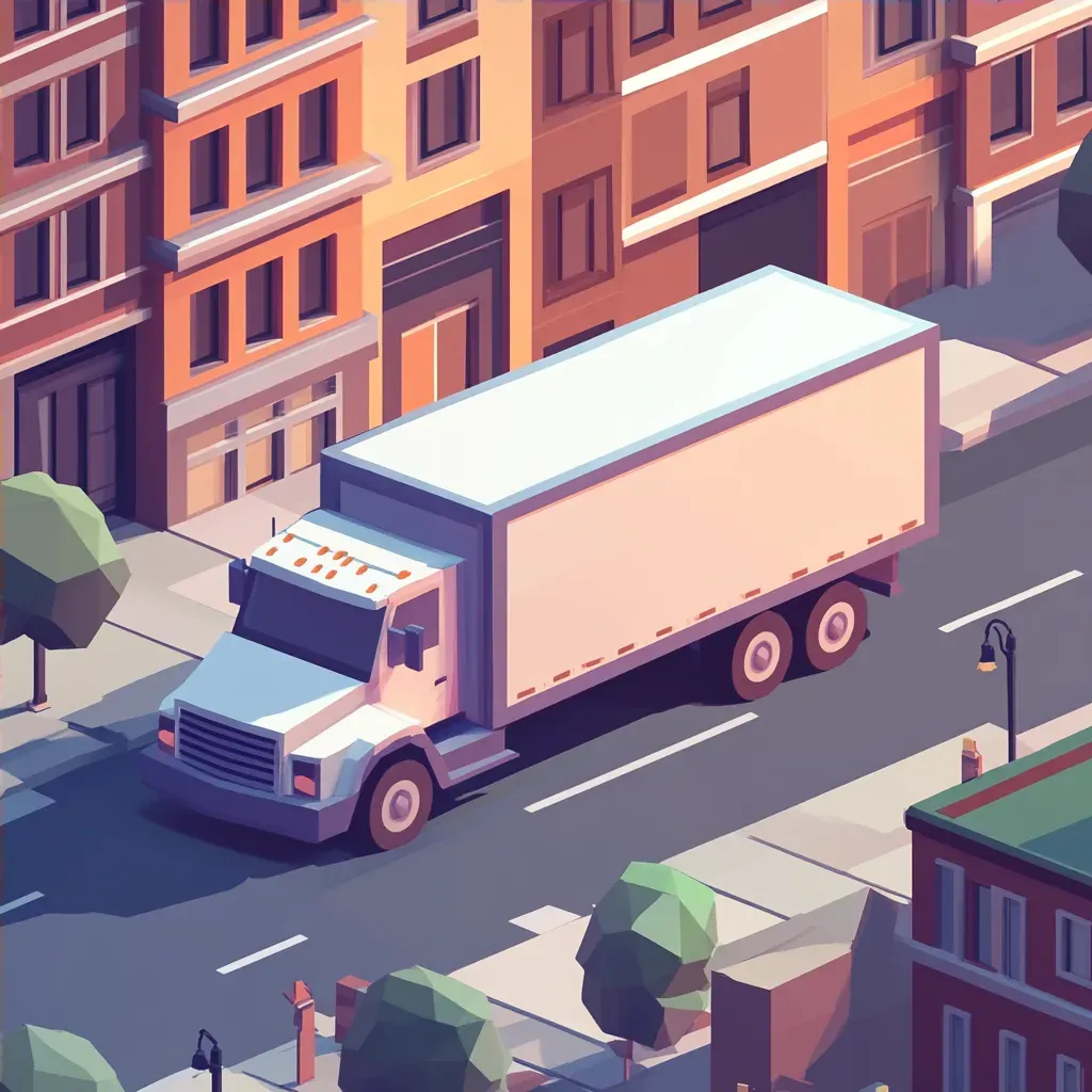 Low poly isometric view of a delivery truck in a sundown city - Image 4