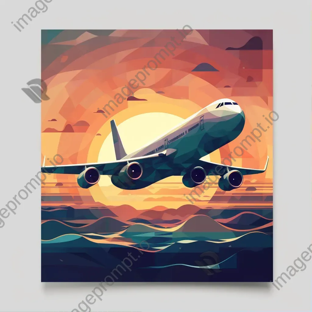 Faceted jumbo jet in flight against a warm sunset, crafted in a low poly style - Image 1