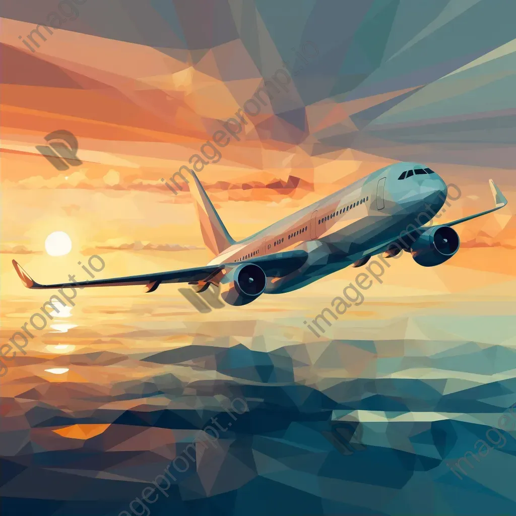 Faceted jumbo jet in flight against a warm sunset, crafted in a low poly style - Image 2