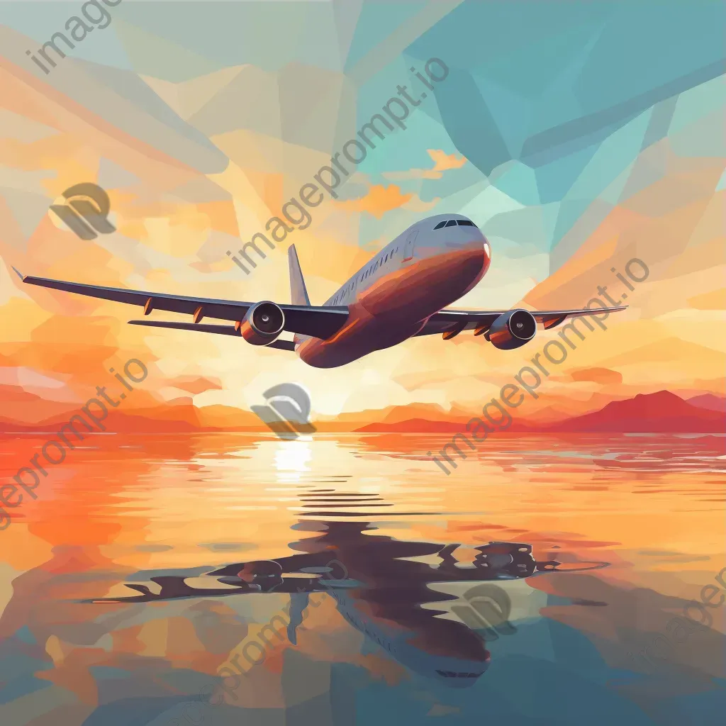 Faceted jumbo jet in flight against a warm sunset, crafted in a low poly style - Image 3