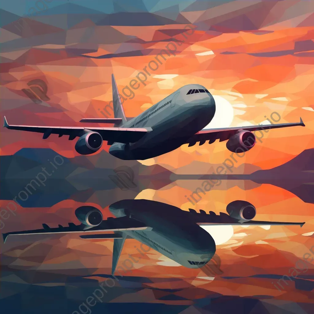 Faceted jumbo jet in flight against a warm sunset, crafted in a low poly style - Image 4