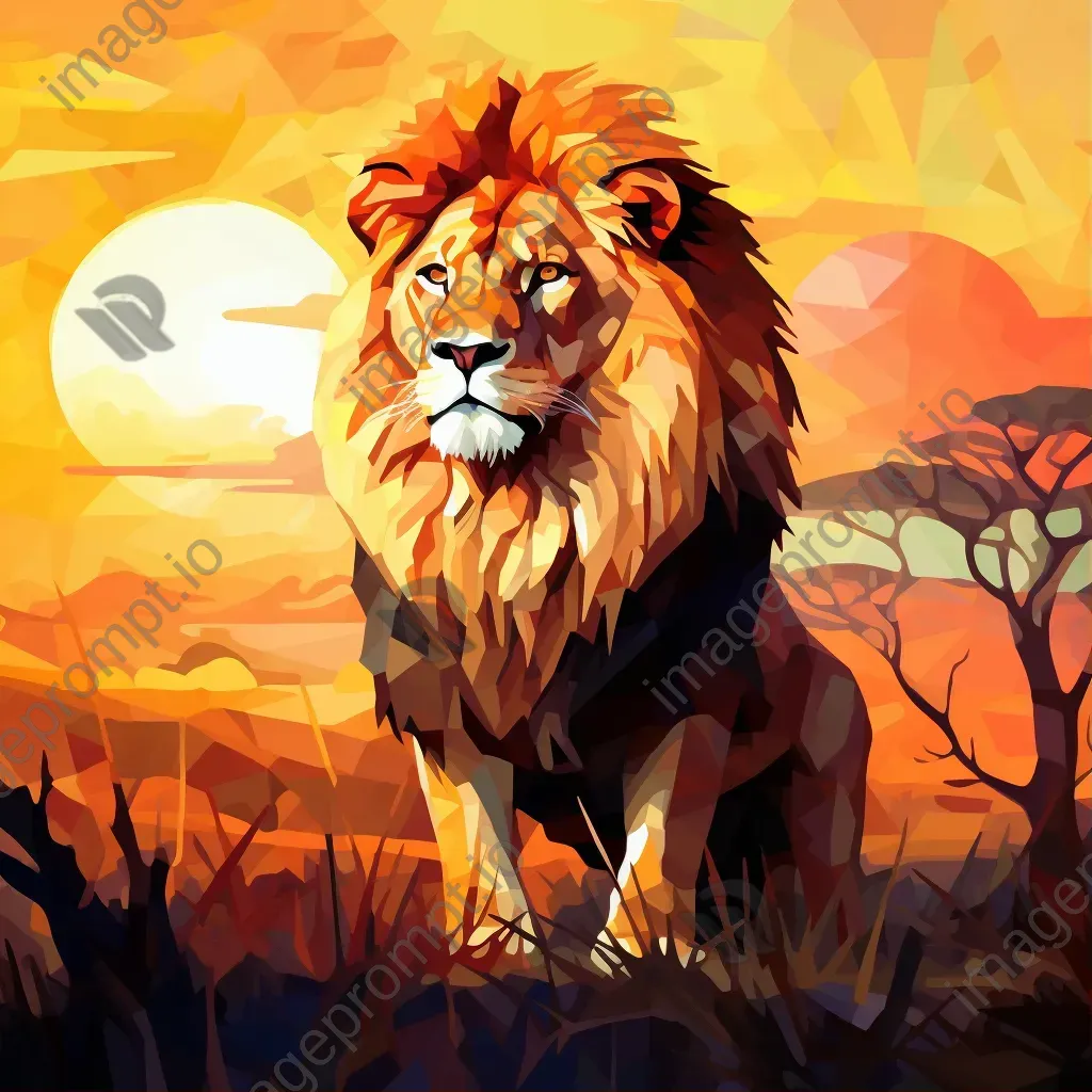 Geometric representation of lion in low poly style in African savanna setting - Image 1