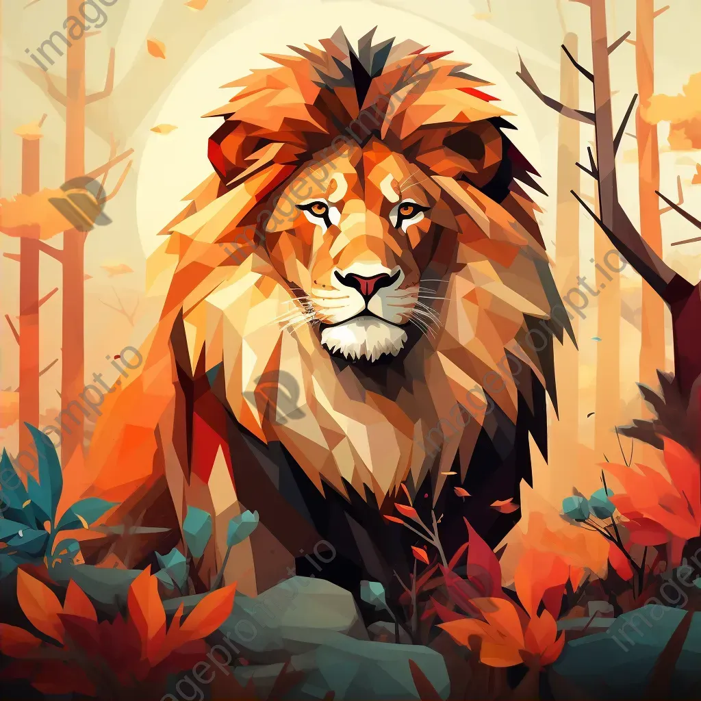 Geometric representation of lion in low poly style in African savanna setting - Image 2