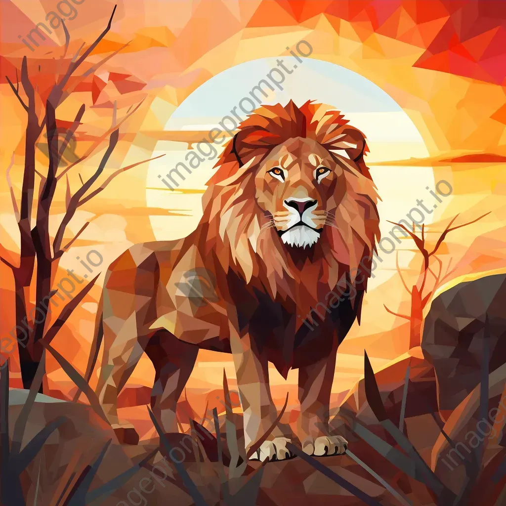 Geometric representation of lion in low poly style in African savanna setting - Image 4