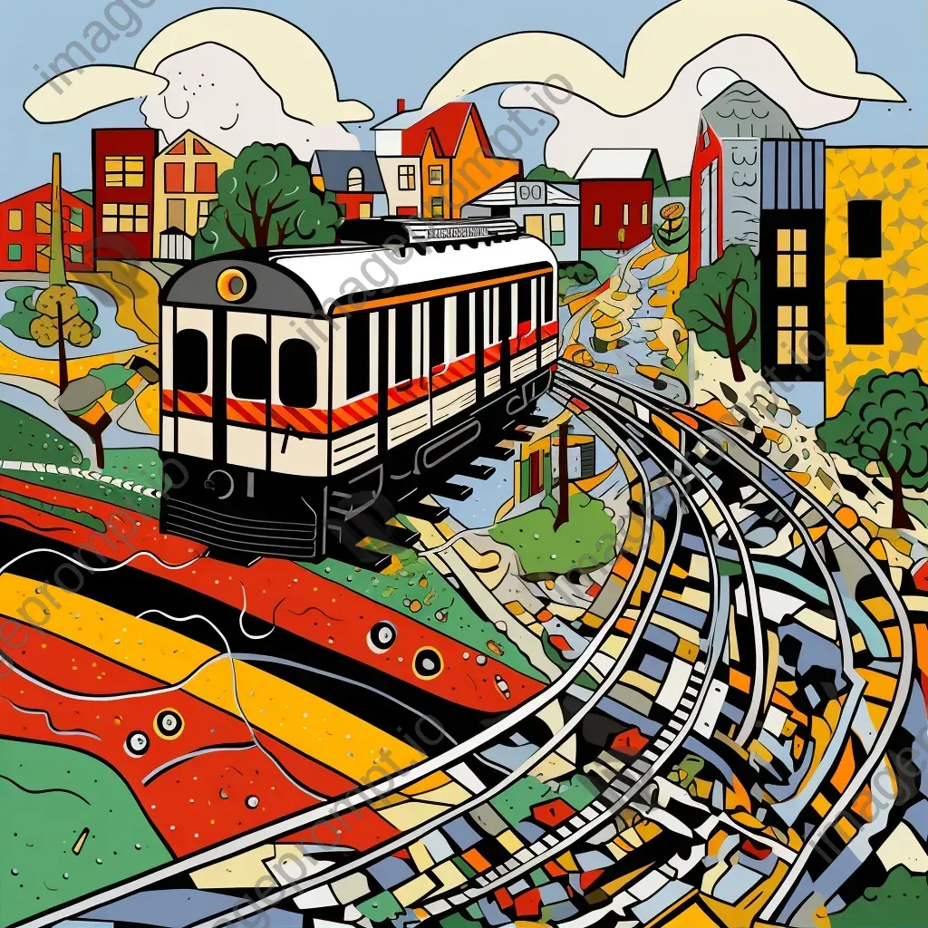 Vibrant Pop Art styled representation of the Trolley Problem, highlighting a moral dilemma - Image 1