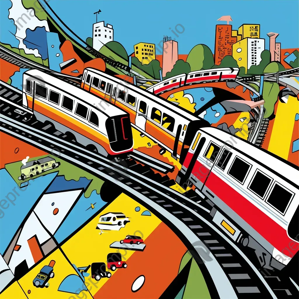 Vibrant Pop Art styled representation of the Trolley Problem, highlighting a moral dilemma - Image 3