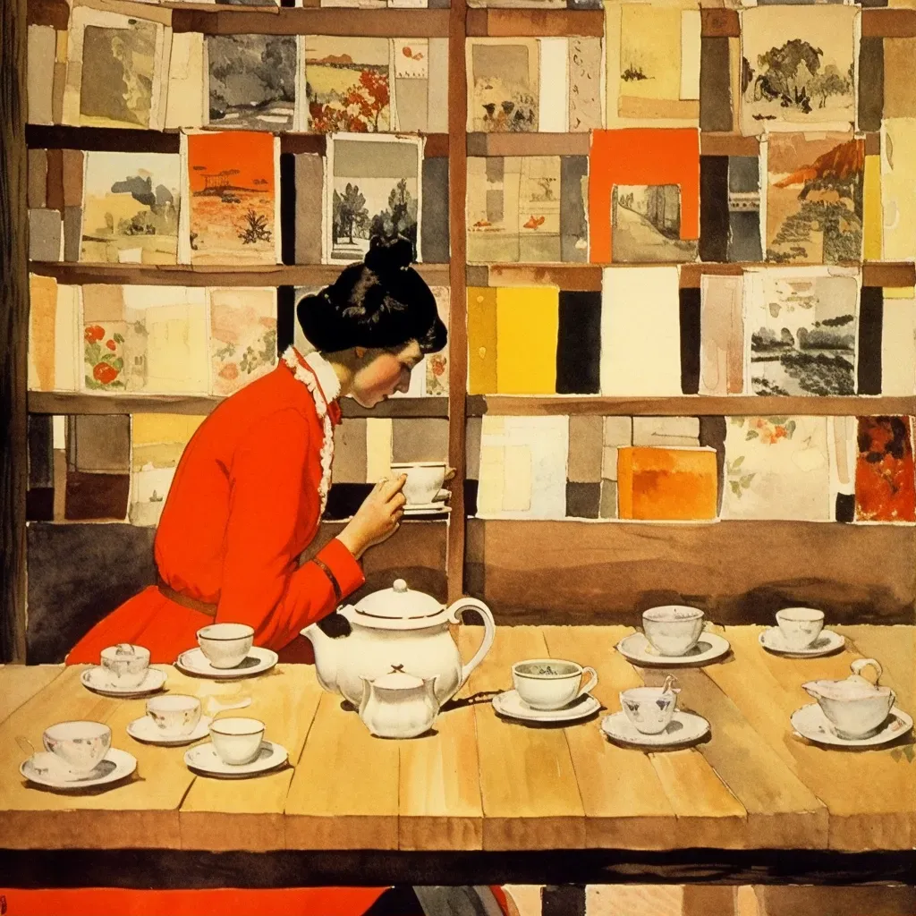 Woman looking at vintage postcards with a cup of tea on a wooden table - Image 1