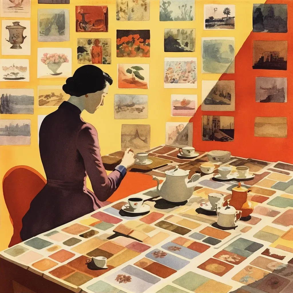 Woman looking at vintage postcards with a cup of tea on a wooden table - Image 2