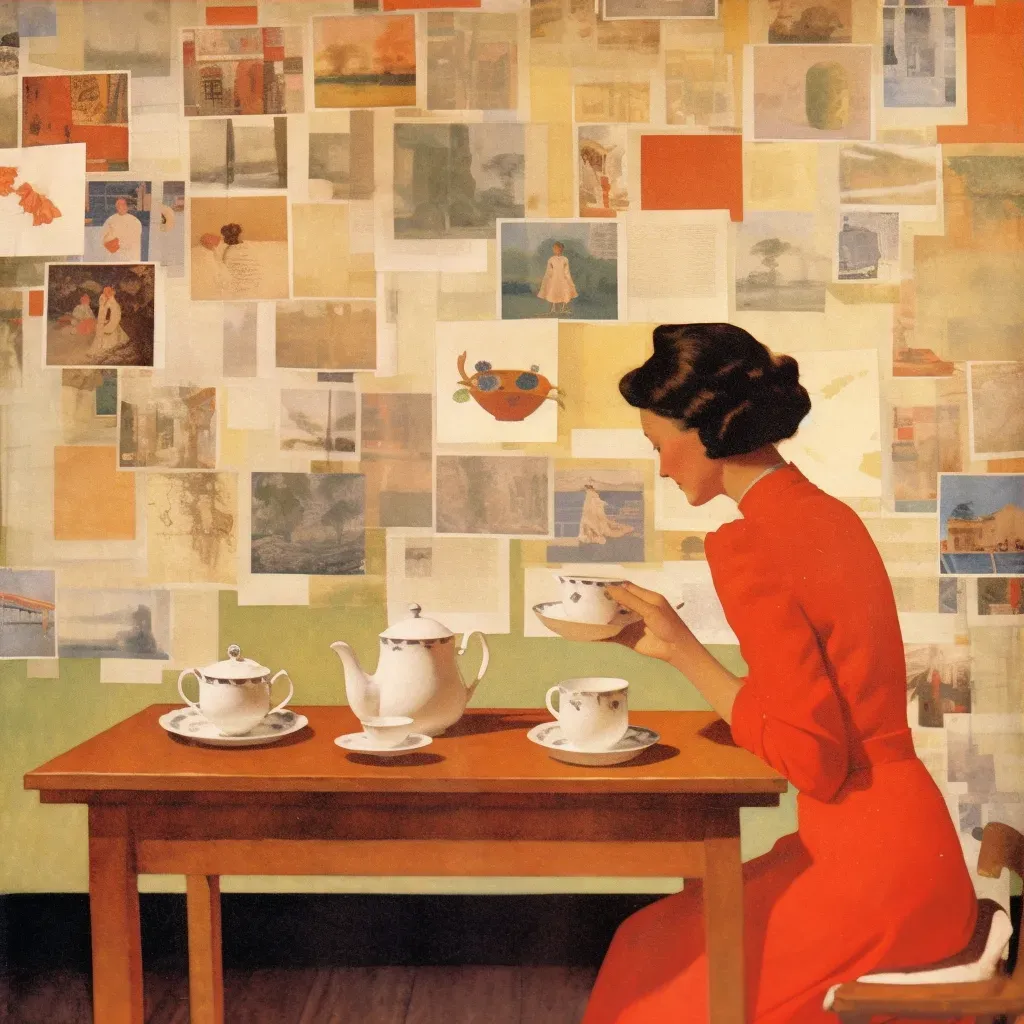 Woman looking at vintage postcards with a cup of tea on a wooden table - Image 3