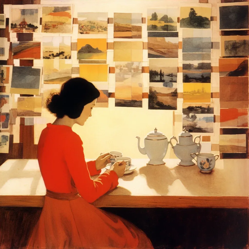 Woman looking at vintage postcards with a cup of tea on a wooden table - Image 4