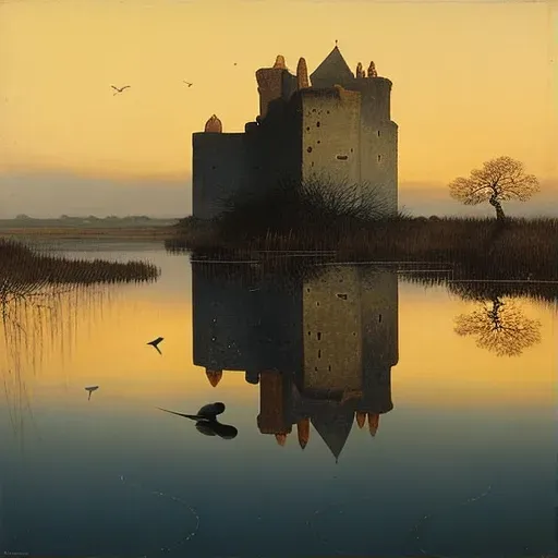 Reflective lake mirroring ancient castle at sunset - Image 1