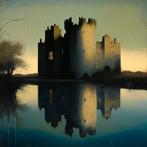 Reflective lake mirroring ancient castle at sunset - Image 2