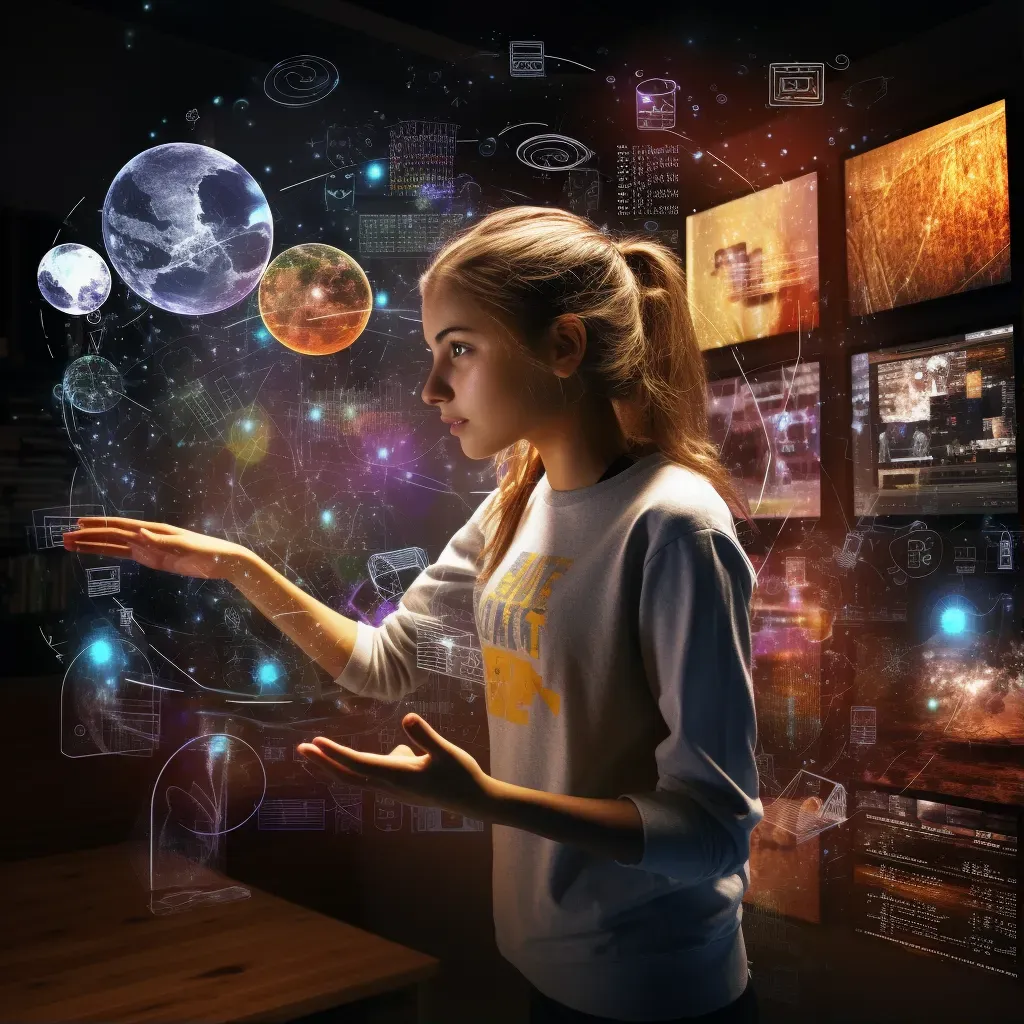 Image of a student in a virtual classroom interacting with holographic images - Image 1