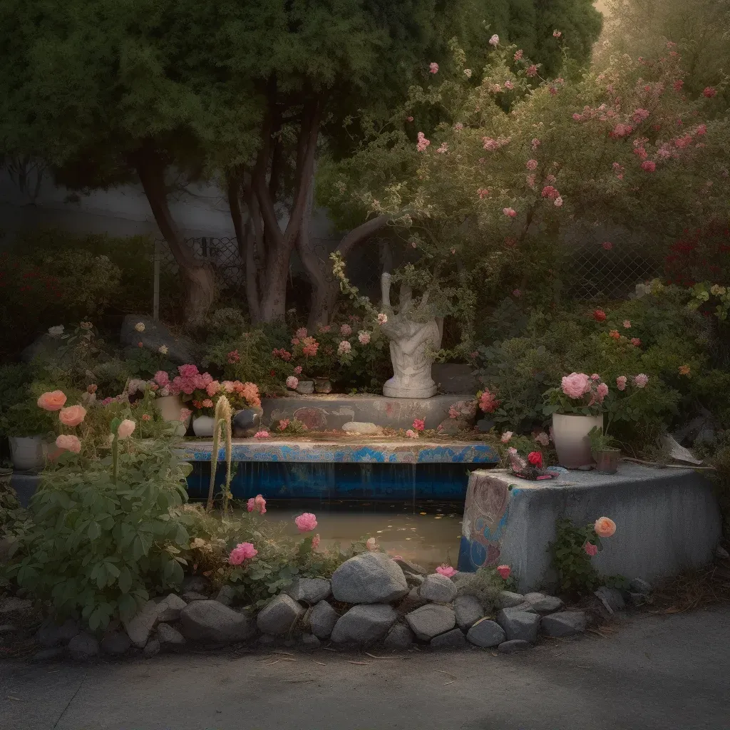 Garden scene with stone bench, blooming roses, and tranquil fountain - Image 1