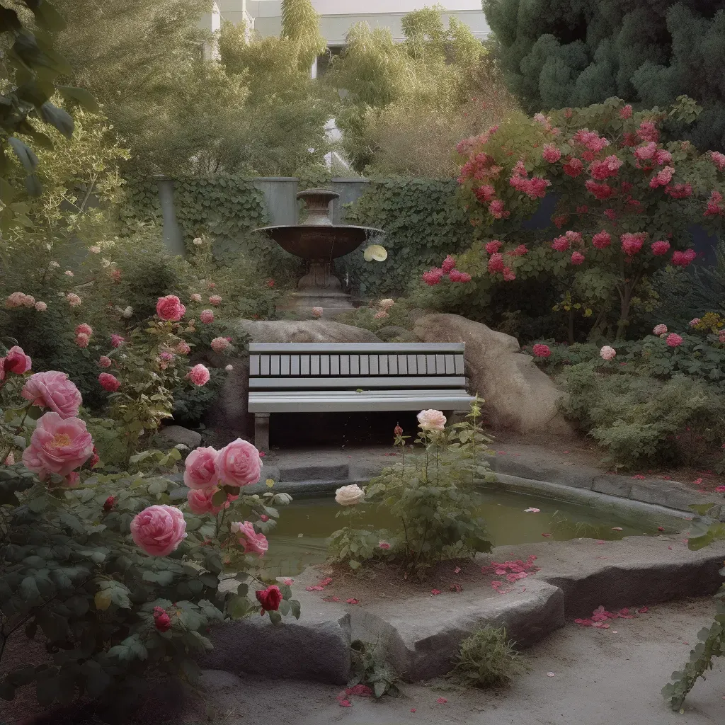 Garden scene with stone bench, blooming roses, and tranquil fountain - Image 2