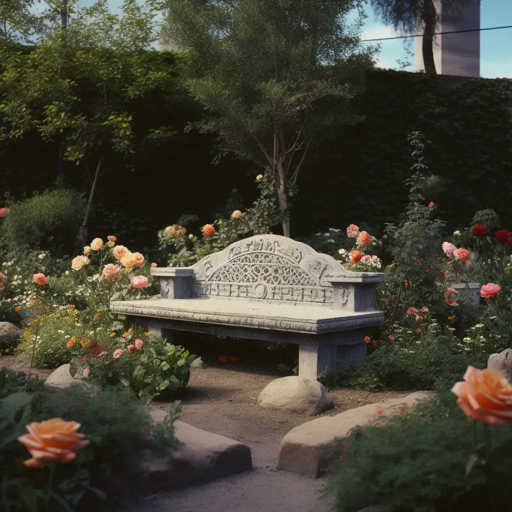 Garden scene with stone bench, blooming roses, and tranquil fountain - Image 3